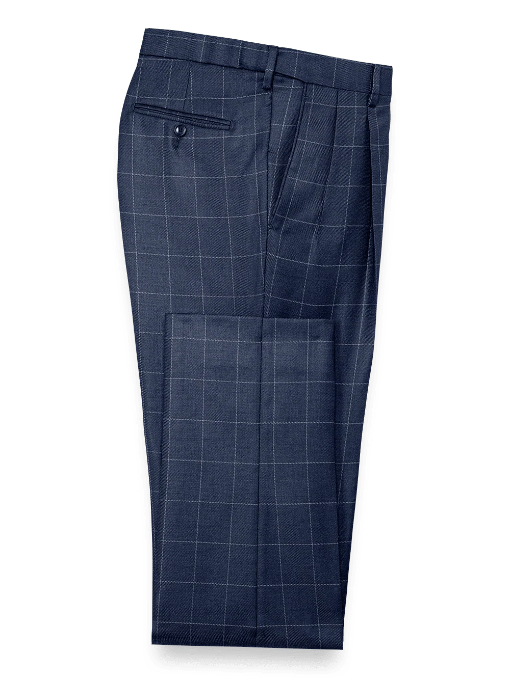Tailored Fit Essential Wool Pleated Pants - Navy Windowpane