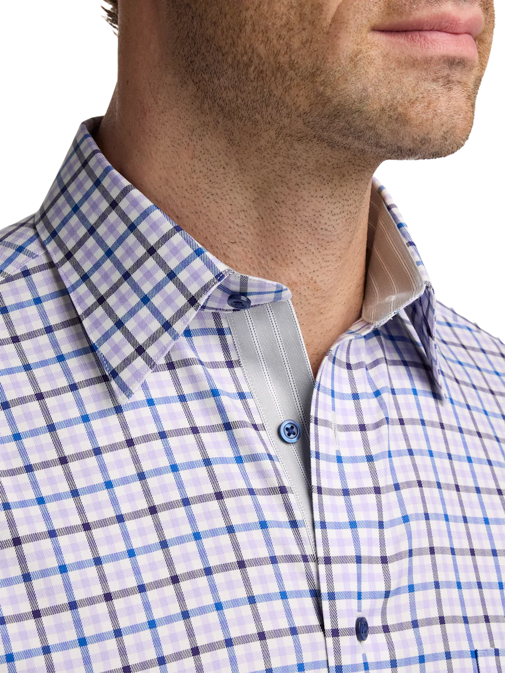 Travel Cotton Blend Check Dress Shirt With Contrast Trim - Purple - Image 3