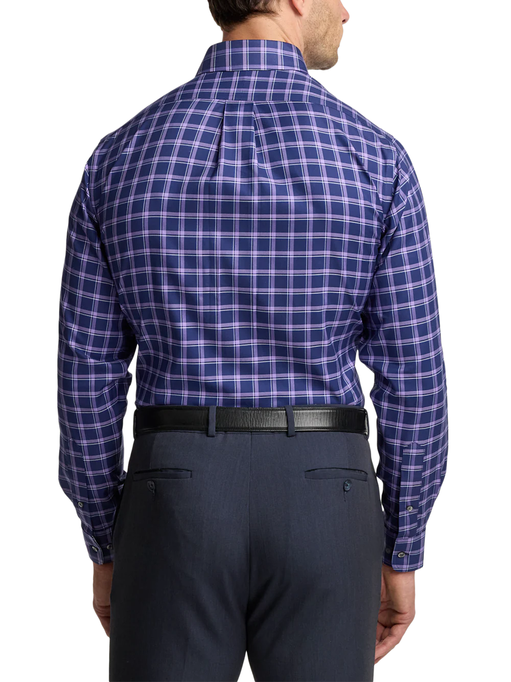 Travel Cotton Blend Check Dress Shirt With Contrast Trim - Purple - Image 5