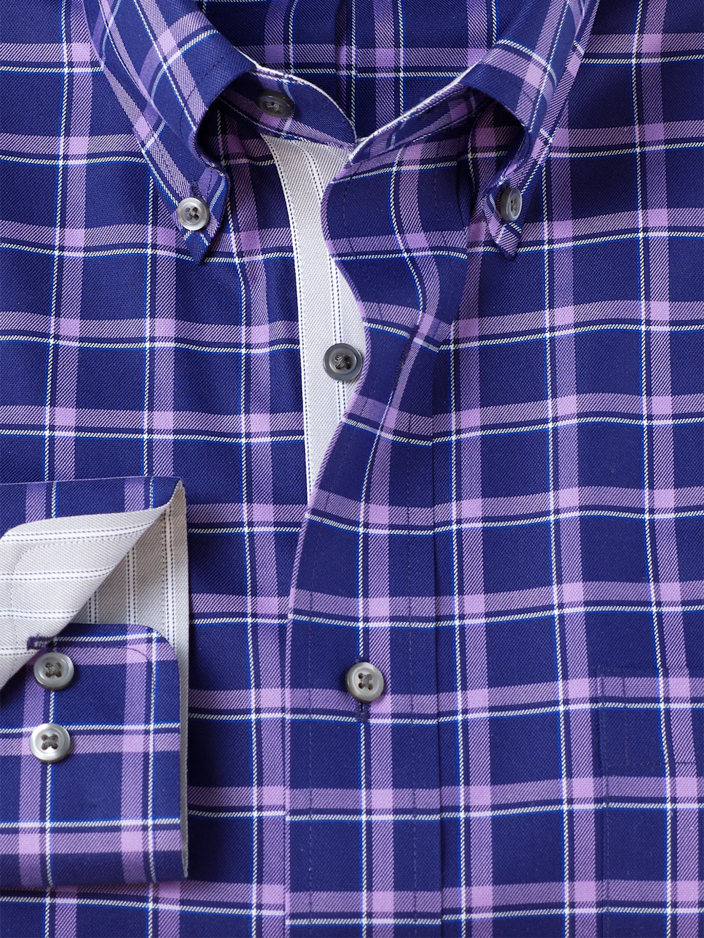 Travel Cotton Blend Check Dress Shirt With Contrast Trim - Purple - Image 6