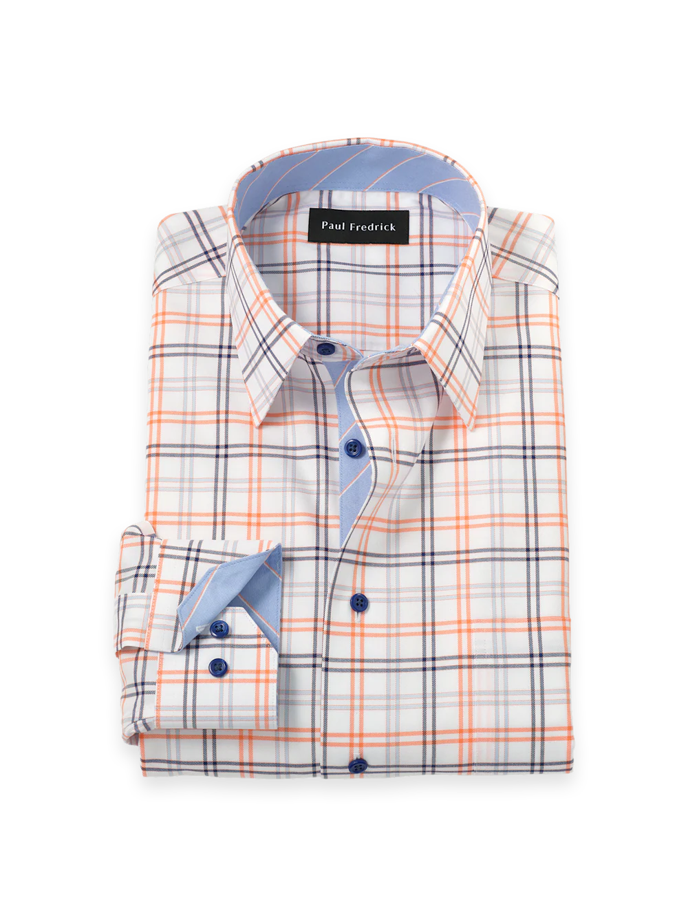 Travel Cotton Blend Check Dress Shirt With Contrast Trim - Blue/melon