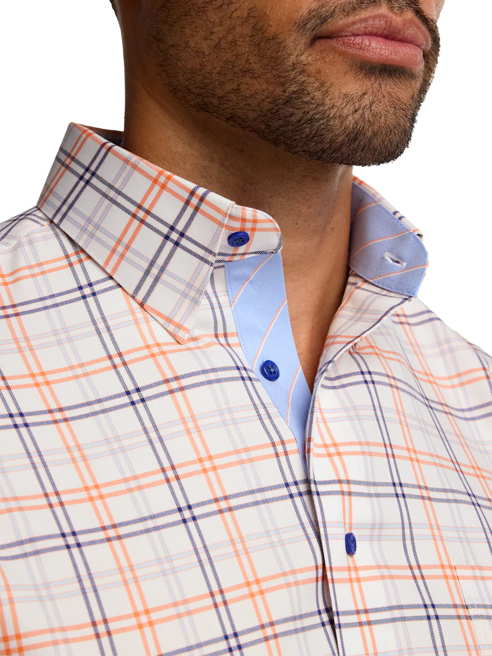 Travel Cotton Blend Check Dress Shirt With Contrast Trim - Blue/melon - Image 3