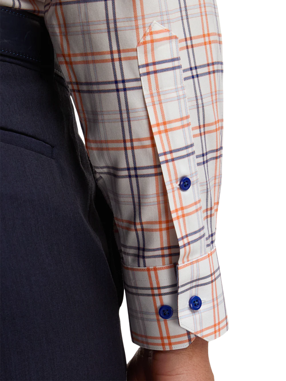Travel Cotton Blend Check Dress Shirt With Contrast Trim - Blue/melon - Image 4