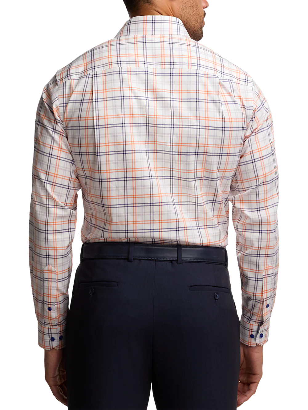 Travel Cotton Blend Check Dress Shirt With Contrast Trim - Blue/melon - Image 5