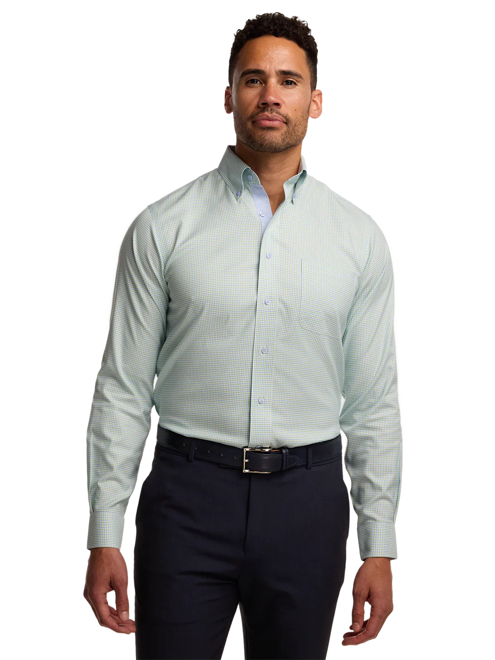Travel Cotton Blend Check Dress Shirt With Contrast Trim - Blue/green - Image 2