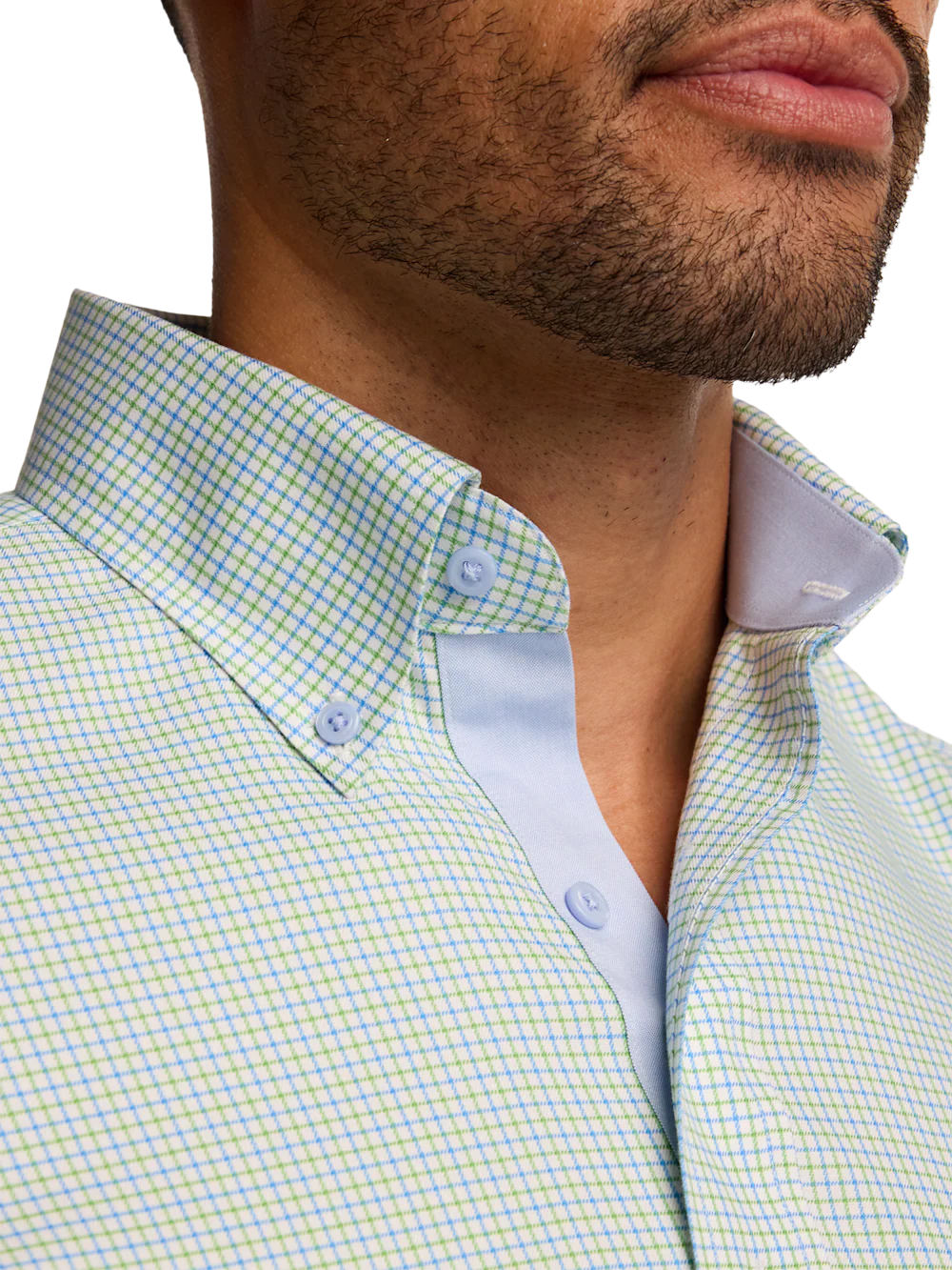 Travel Cotton Blend Check Dress Shirt With Contrast Trim - Blue/green - Image 3