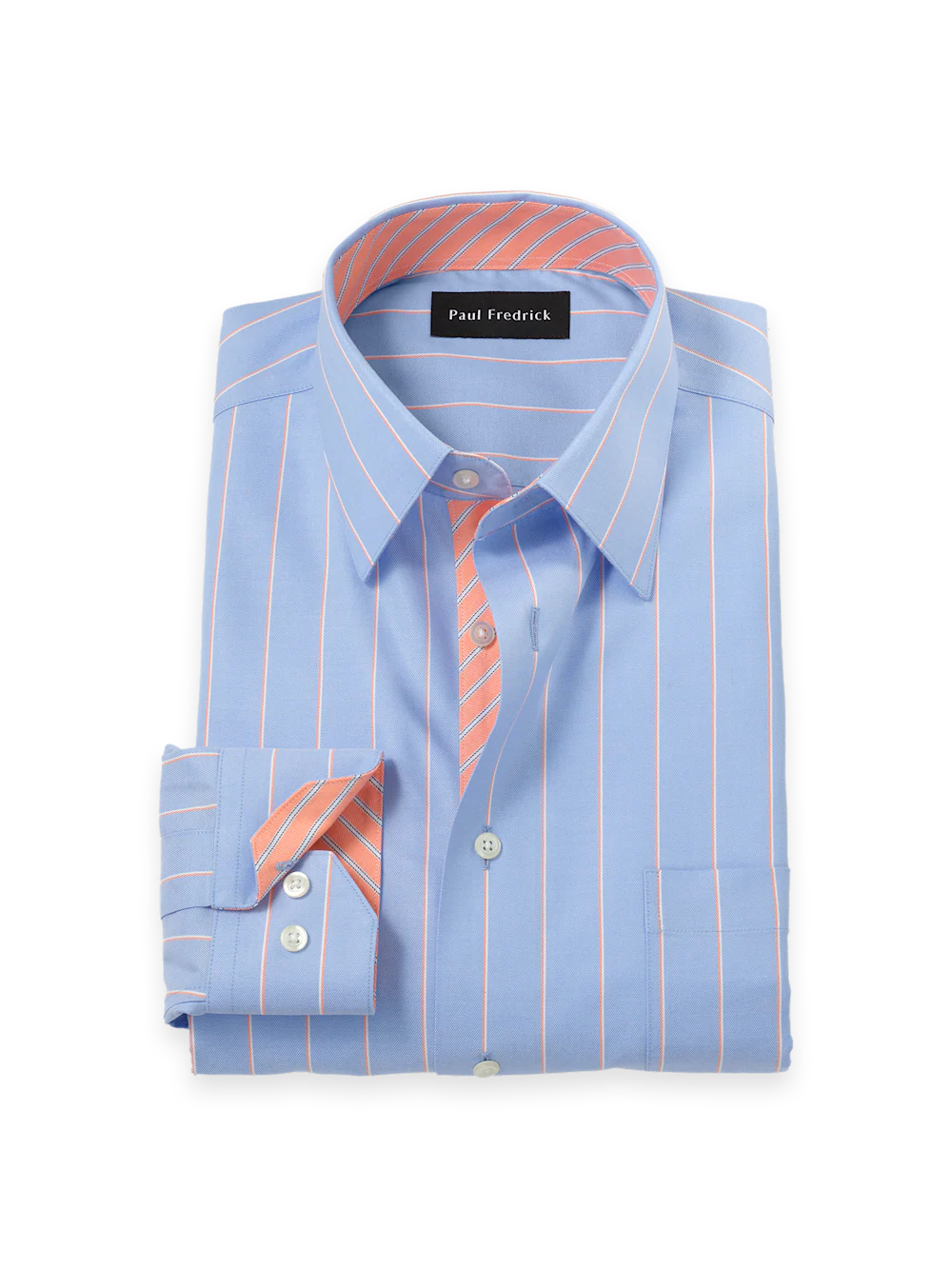 Travel Cotton Blend Stripe Dress Shirt With Contrast Trim - Blue/melon