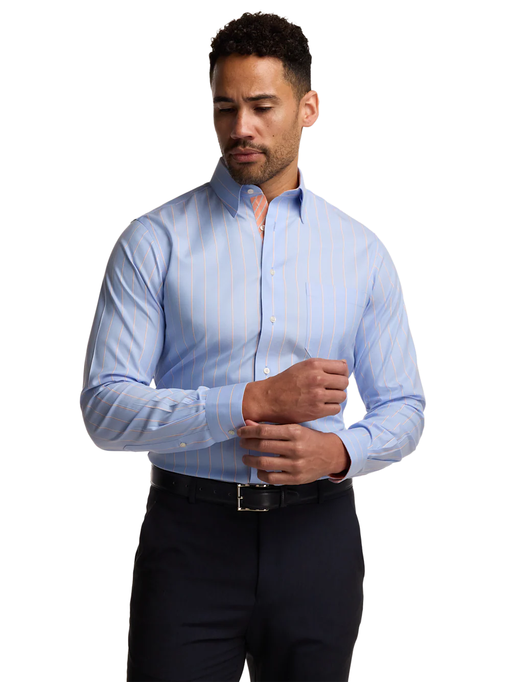 Travel Cotton Blend Stripe Dress Shirt With Contrast Trim - Blue/melon - Image 2