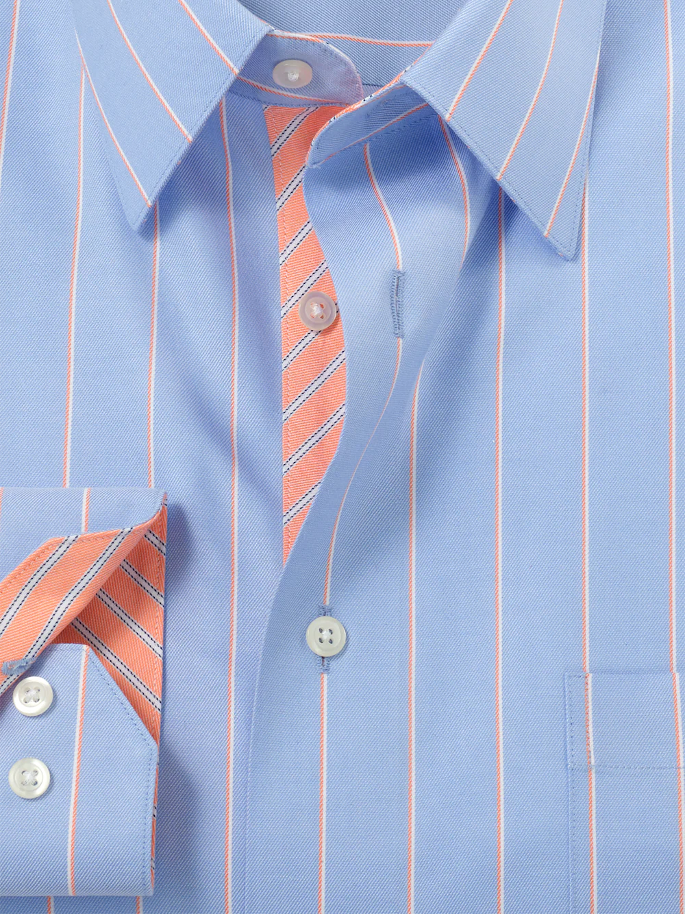 Travel Cotton Blend Stripe Dress Shirt With Contrast Trim - Blue/melon - Image 6