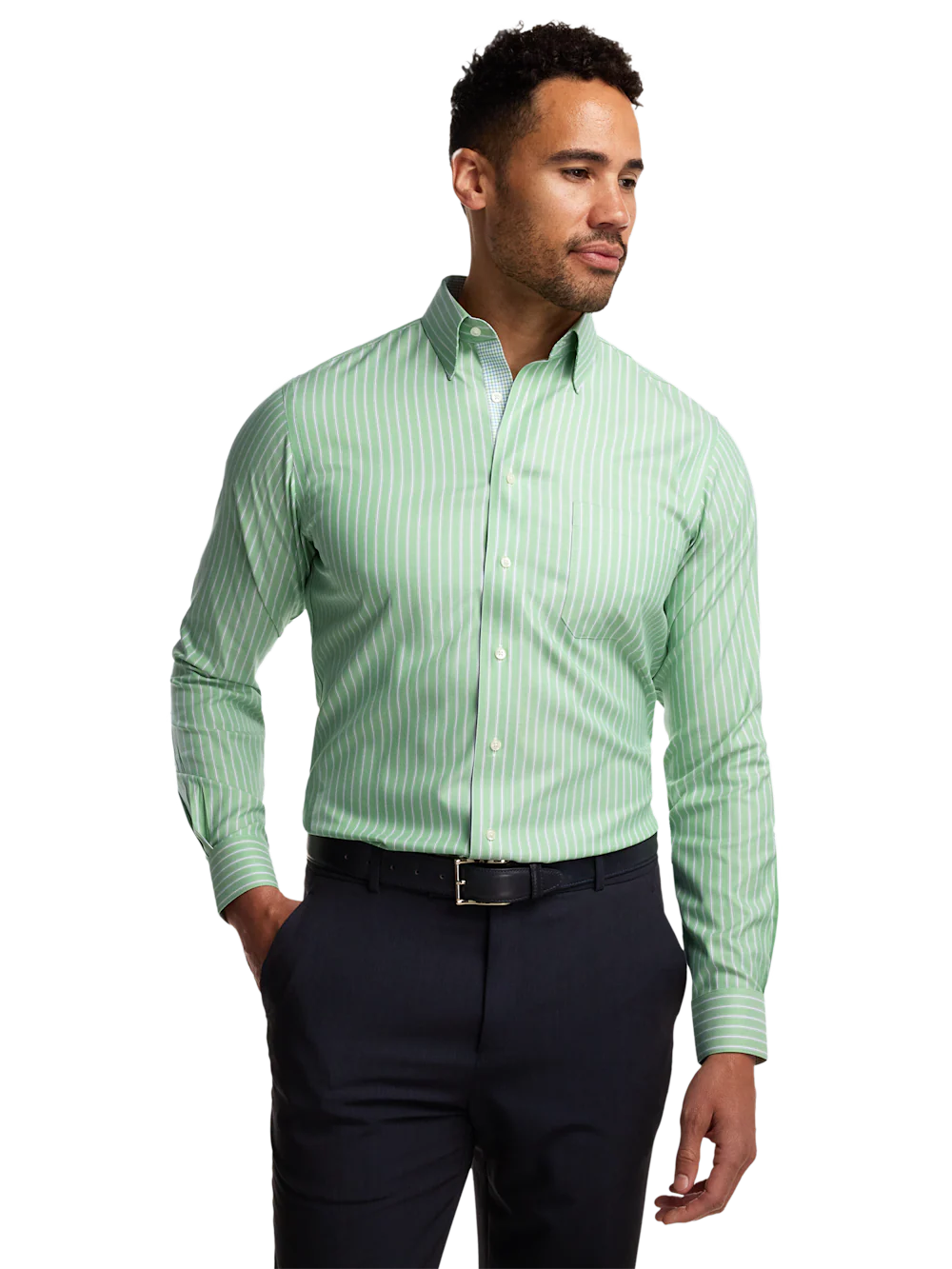 Travel Cotton Blend Stripe Dress Shirt With Contrast Trim - Green - Image 2