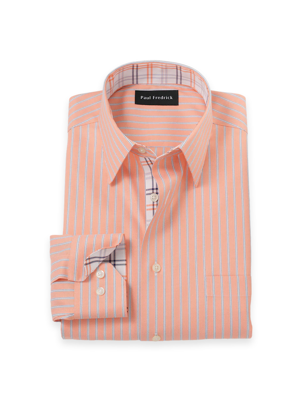 Travel Cotton Blend Stripe Dress Shirt With Contrast Trim - Melon