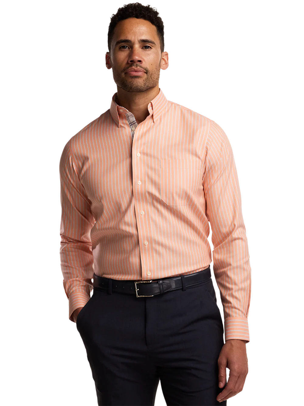 Travel Cotton Blend Stripe Dress Shirt With Contrast Trim - Melon - Image 2