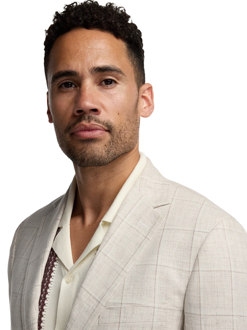 Windowpane Linen Blend Single Breasted Notch Lapel Suit - Tan Windowpane - Image 3