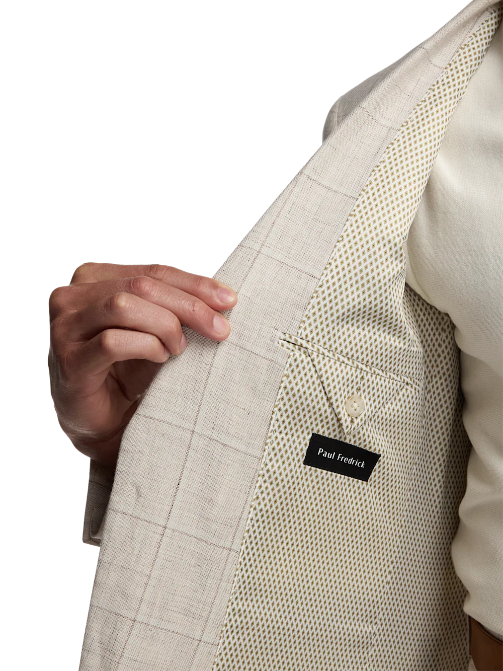 Windowpane Linen Blend Single Breasted Notch Lapel Suit - Tan Windowpane - Image 4