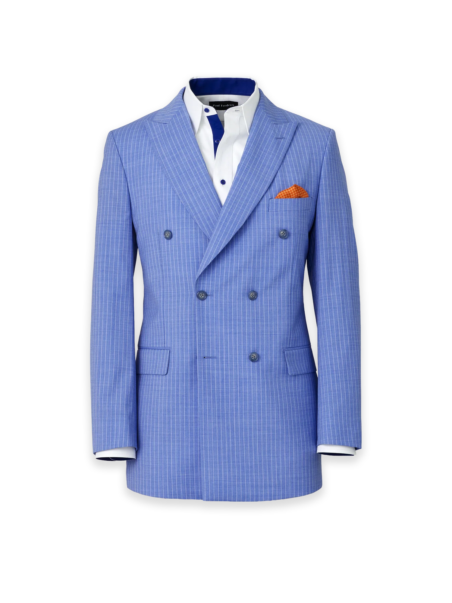 Wool Blend Pinstripe Double Breasted Peak Lapel Suit Jacket - Blue