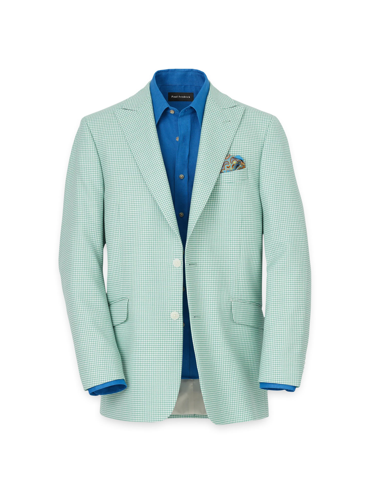 Wool Houndstooth Single Breasted Peak Lapel Sport Coat - Aqua