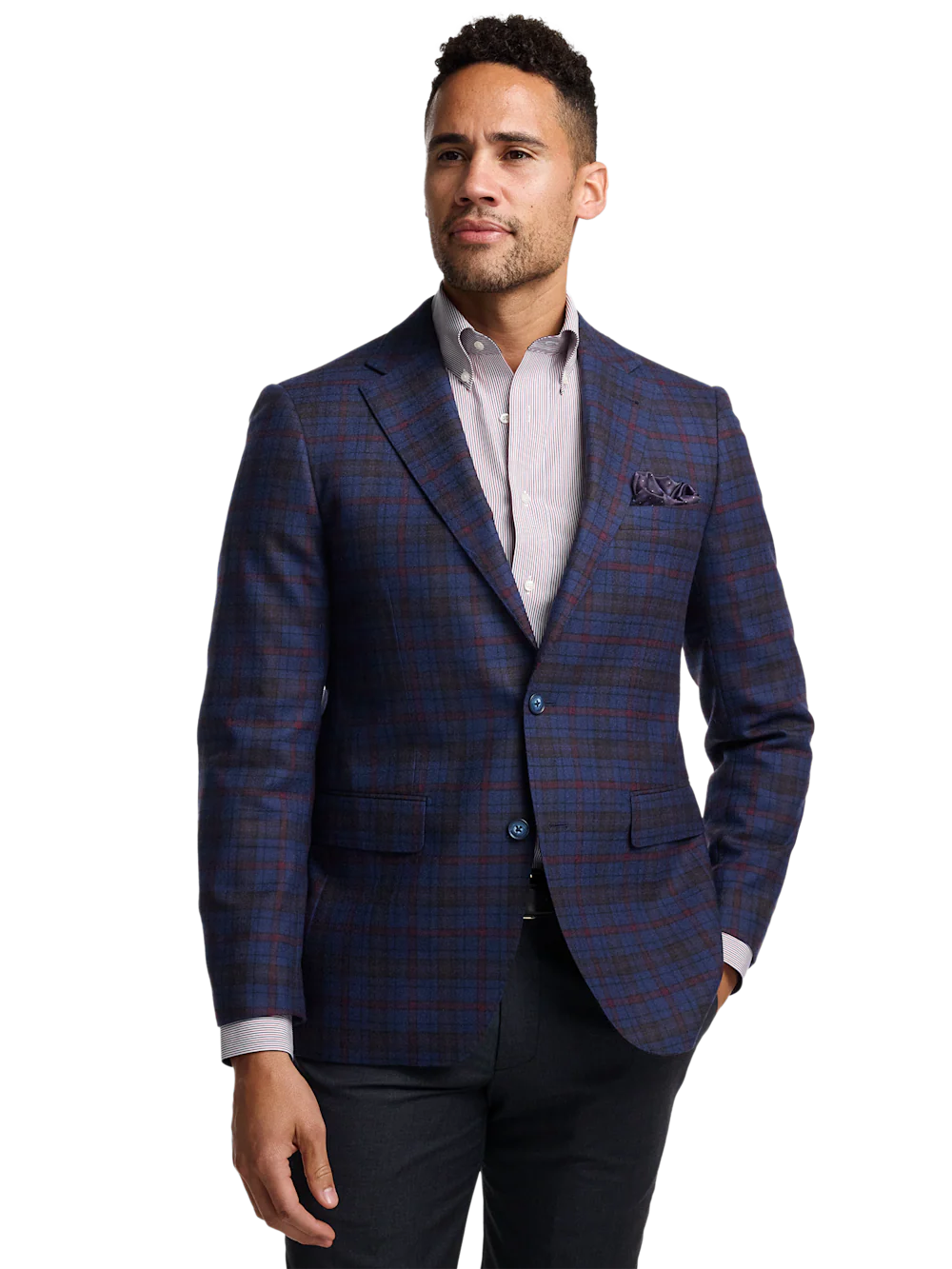 Wool Plaid Single Breasted Notch Lapel Sport Coat - Blue/burgundy - Image 2