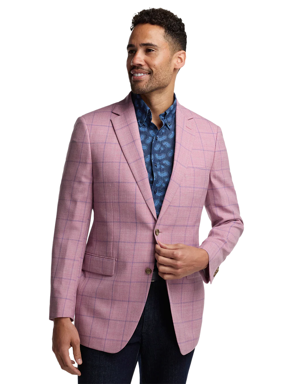 Wool Windowpane Single Breasted Notch Lapel Sport Coat - Pink/blue - Image 2
